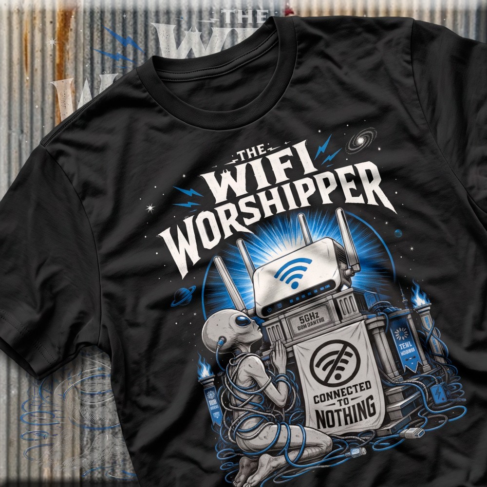 The WiFi Worshipper – Connected to Nothing – Comedy Grunge Alien Satire T-Shirt