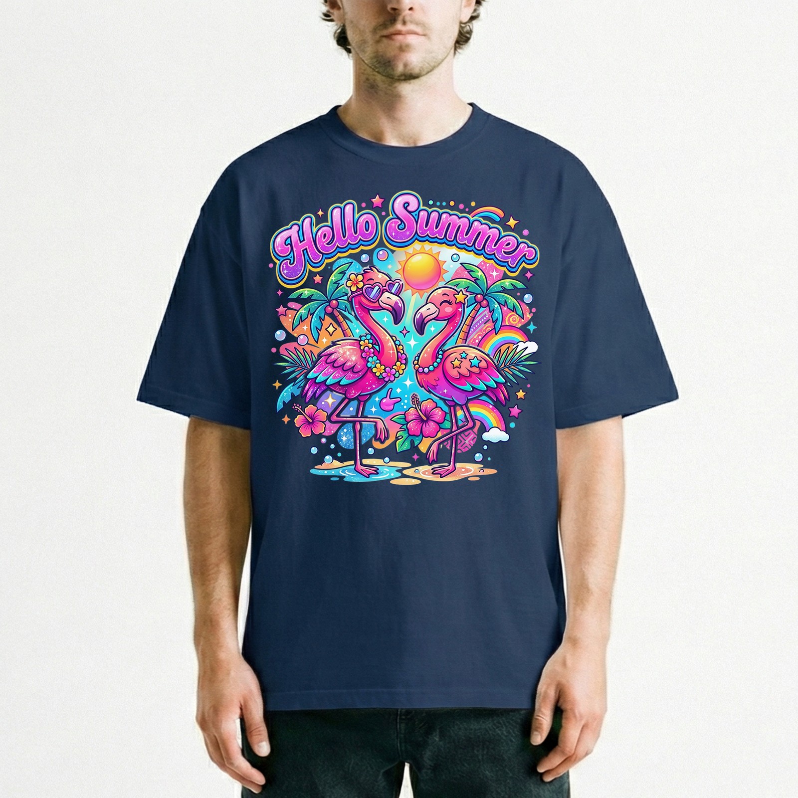 Hello Summer Tropical Flamingo T-Shirt Retro Neon Beach Vacation Holiday Tee