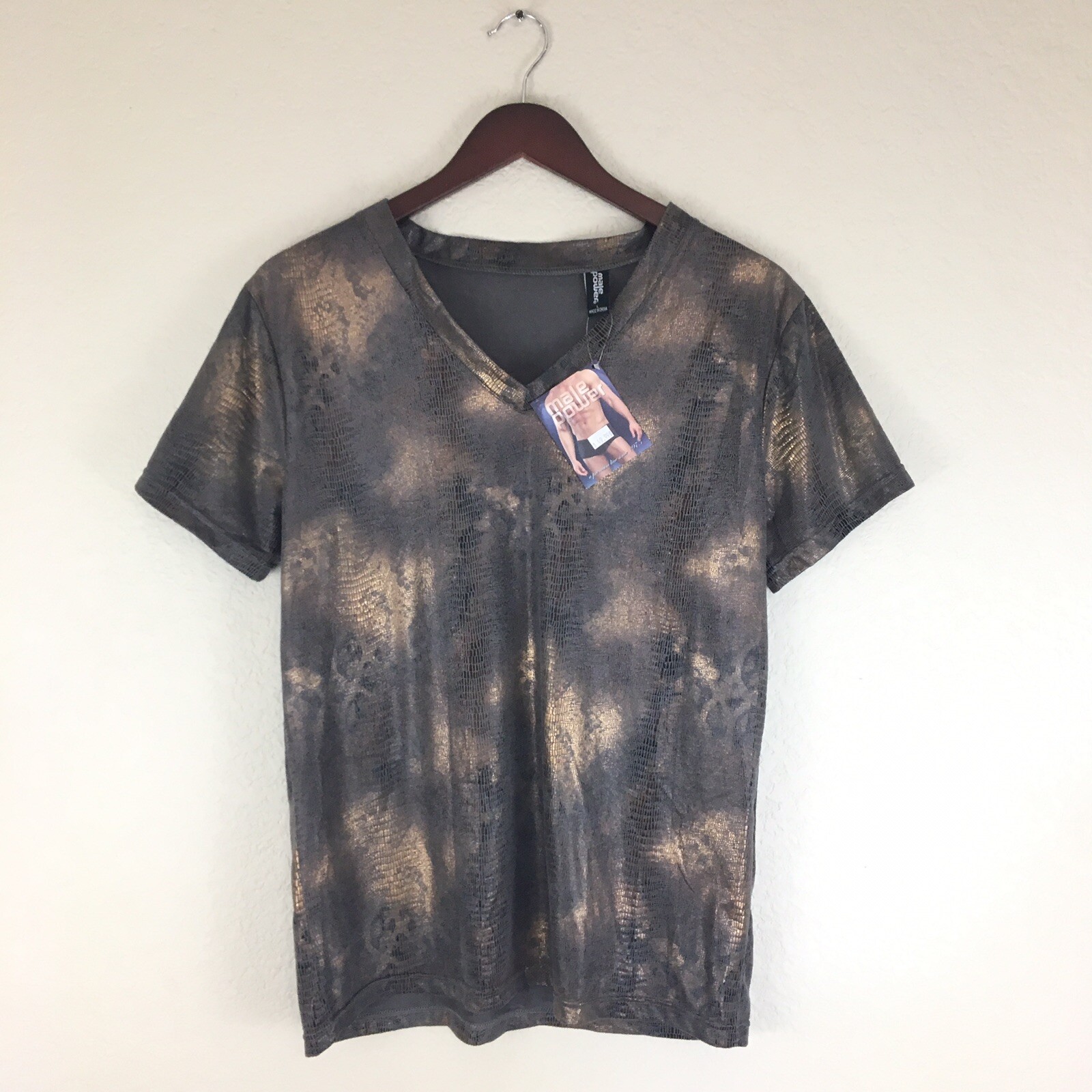 NWT Male Power Animal Print Suede Like Fabric V-Neck Mens T Shirt Sz Large