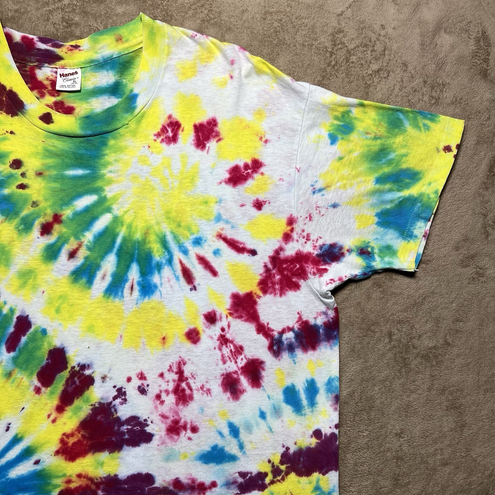 Vintage Hanes Single Stitch Tie Dye T Shirt Size XL Rainbow Swirl Blank 90s