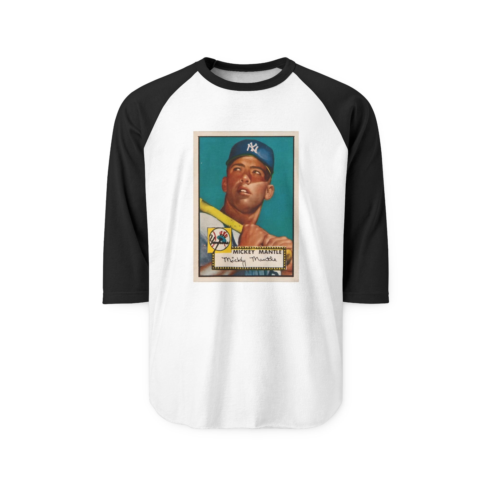 Vintage Mickey Mantle Rookie Baseball Card T-Shirt – Raglan Two Tone 3/4 Sleeves