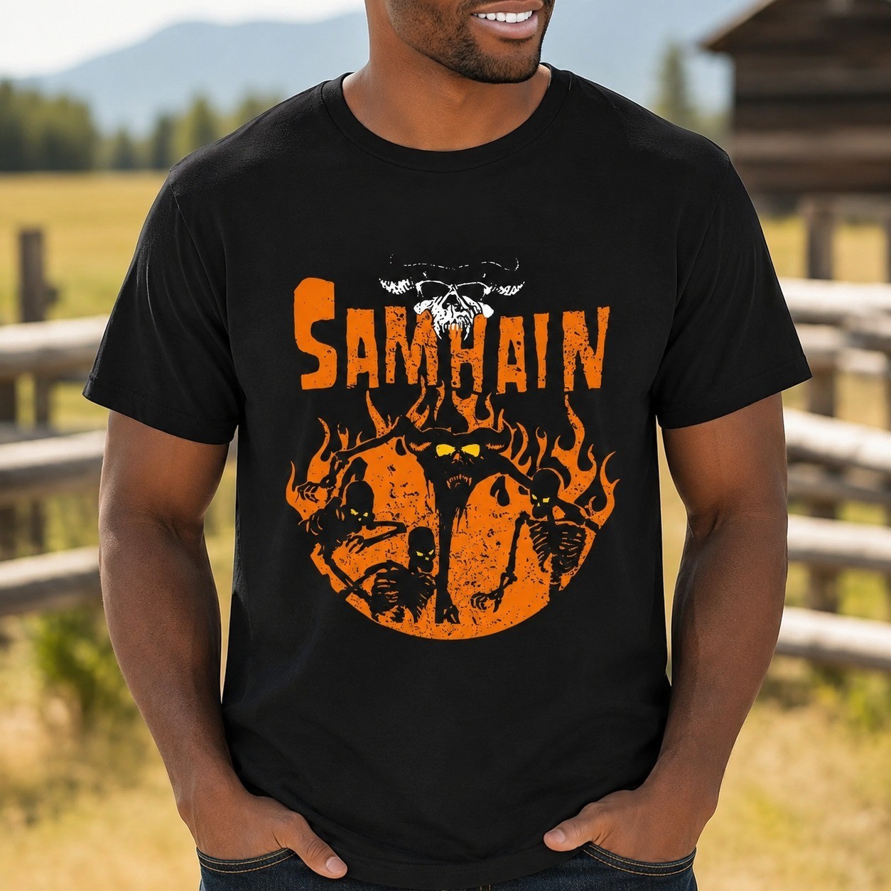 Samhain Graphic T-Shirt Black Cotton Orange Yellow Print Mens Casual Tee