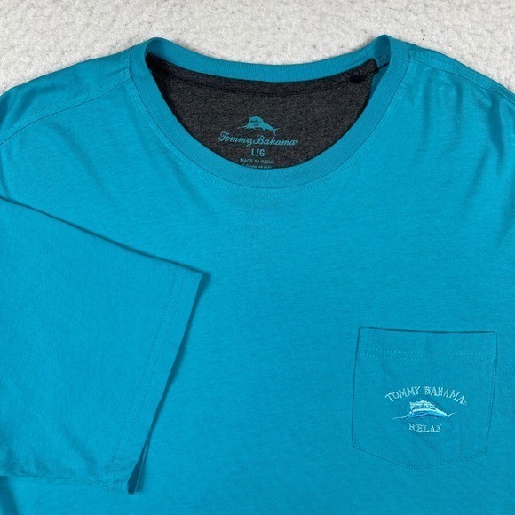 Tommy Bahama Relax T-Shirt Mens Large Teal Blue Pocket Marlin Logo 233-TB2024