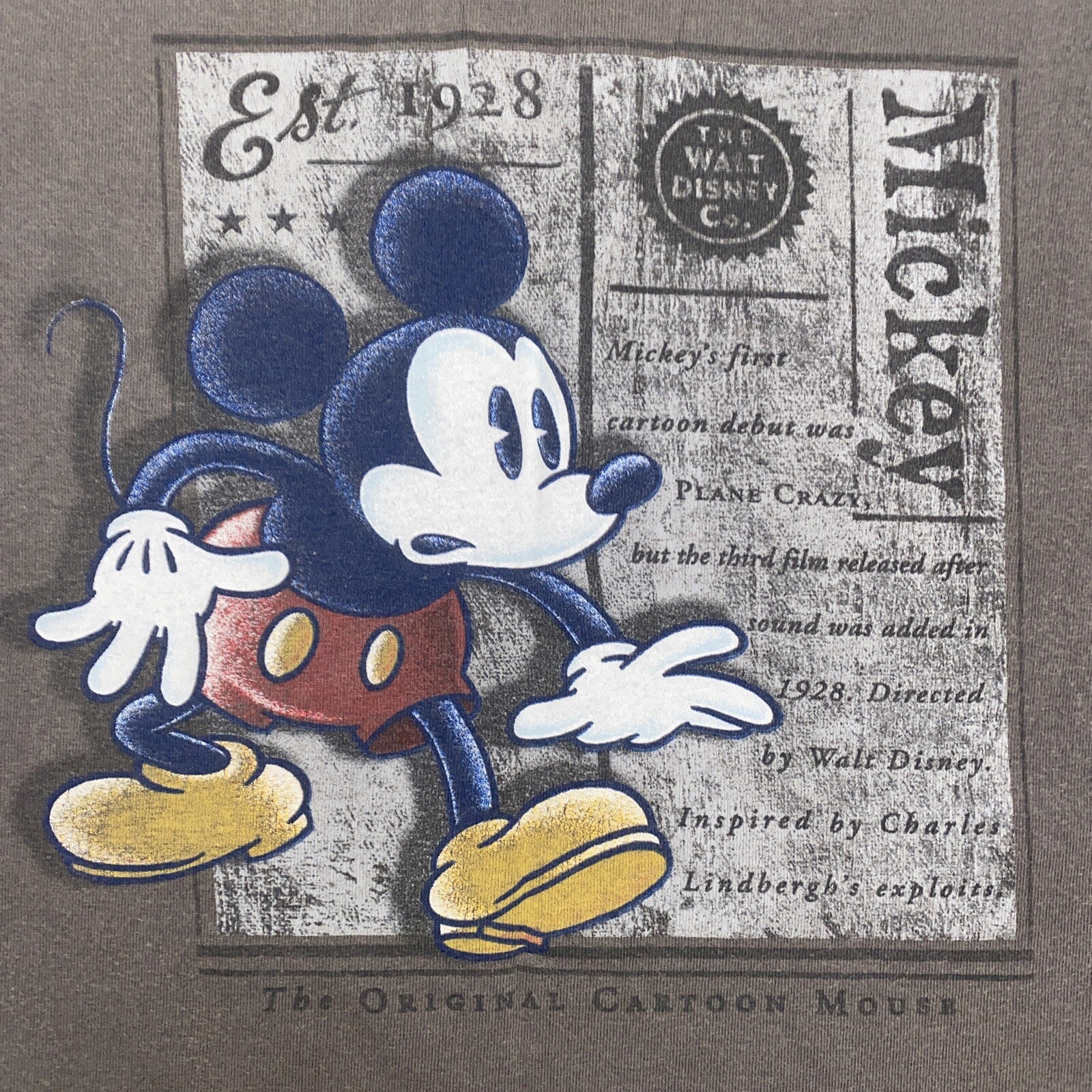 VINTAGE Disney Store Mickey Mouse Cartoon T-Shirt XL Gray Classic Movie TV