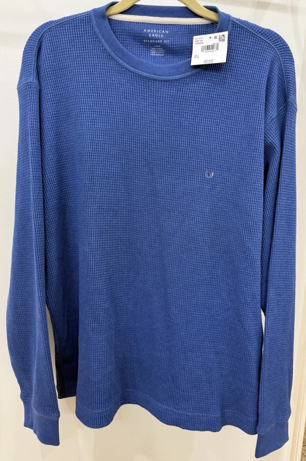 American Eagle Standard Fit Blue Waffle Knit Long Sleeve Crew Neck T-Shirt L