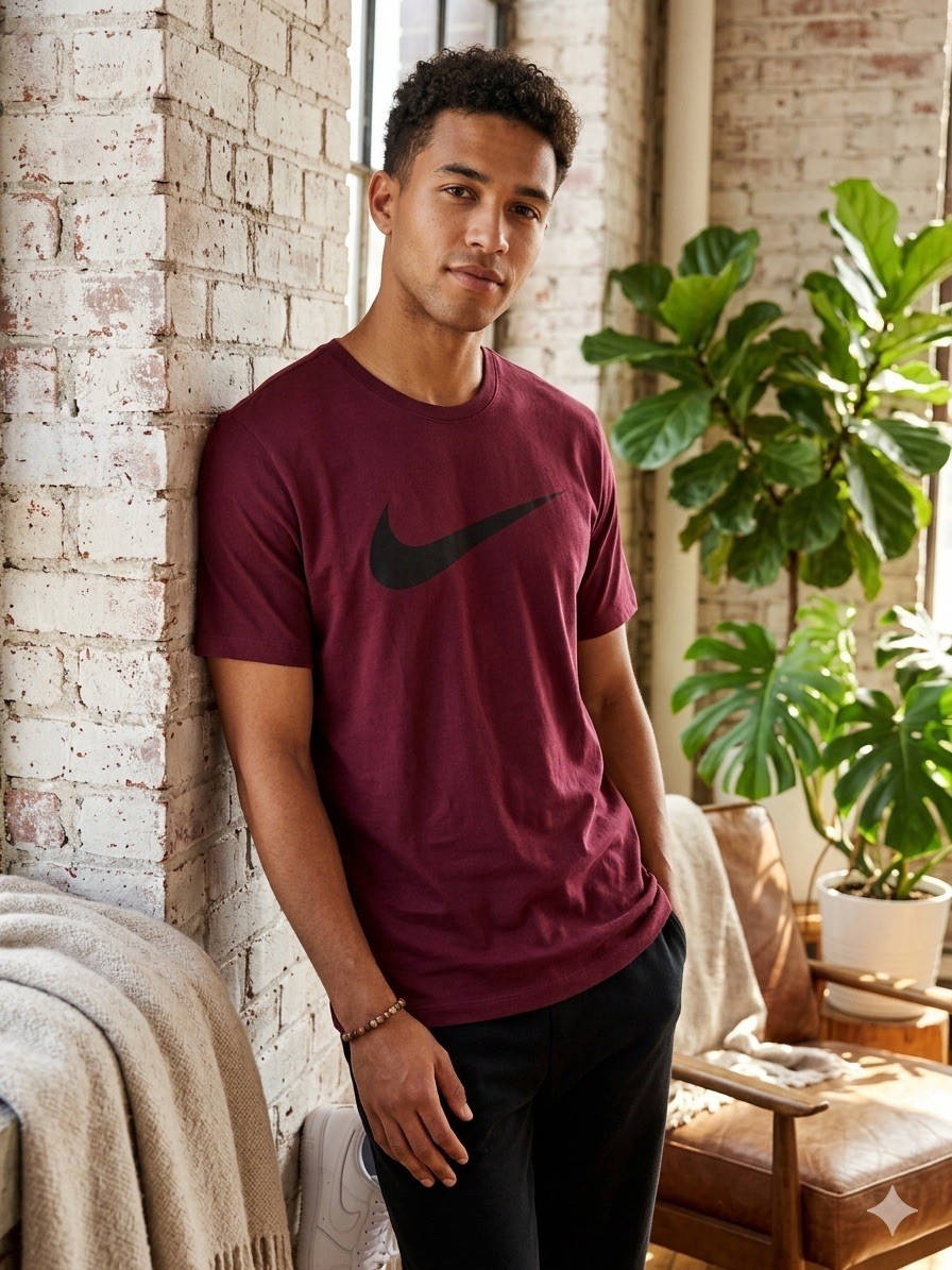 Nike Men’s Maroon Short-Sleeve Logo T-Shirt Cotton Blend Athletic Cut XL
