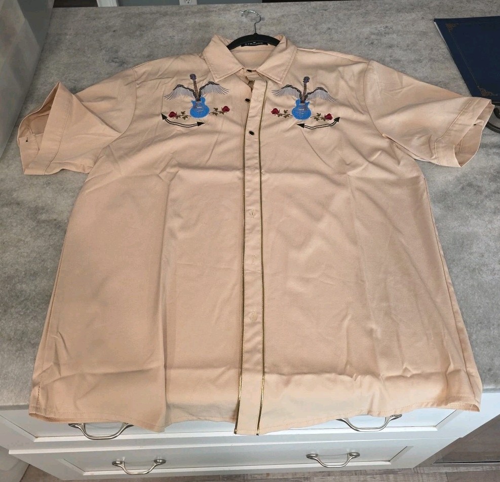 Atryone Men’s Vintage Button Up Shirt TAN Embroidered Guitar Blue Size XLarge