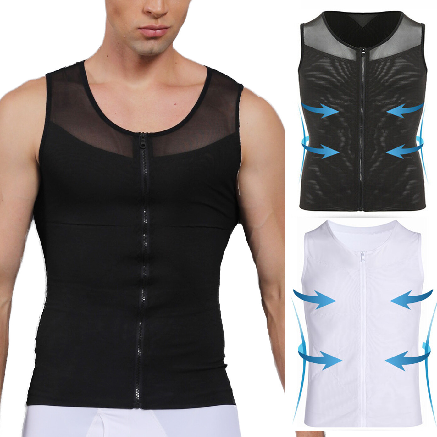 Mens Gynecomastia Moobs Belly Compression Shirt Zipper Slimming Body Shaper Vest