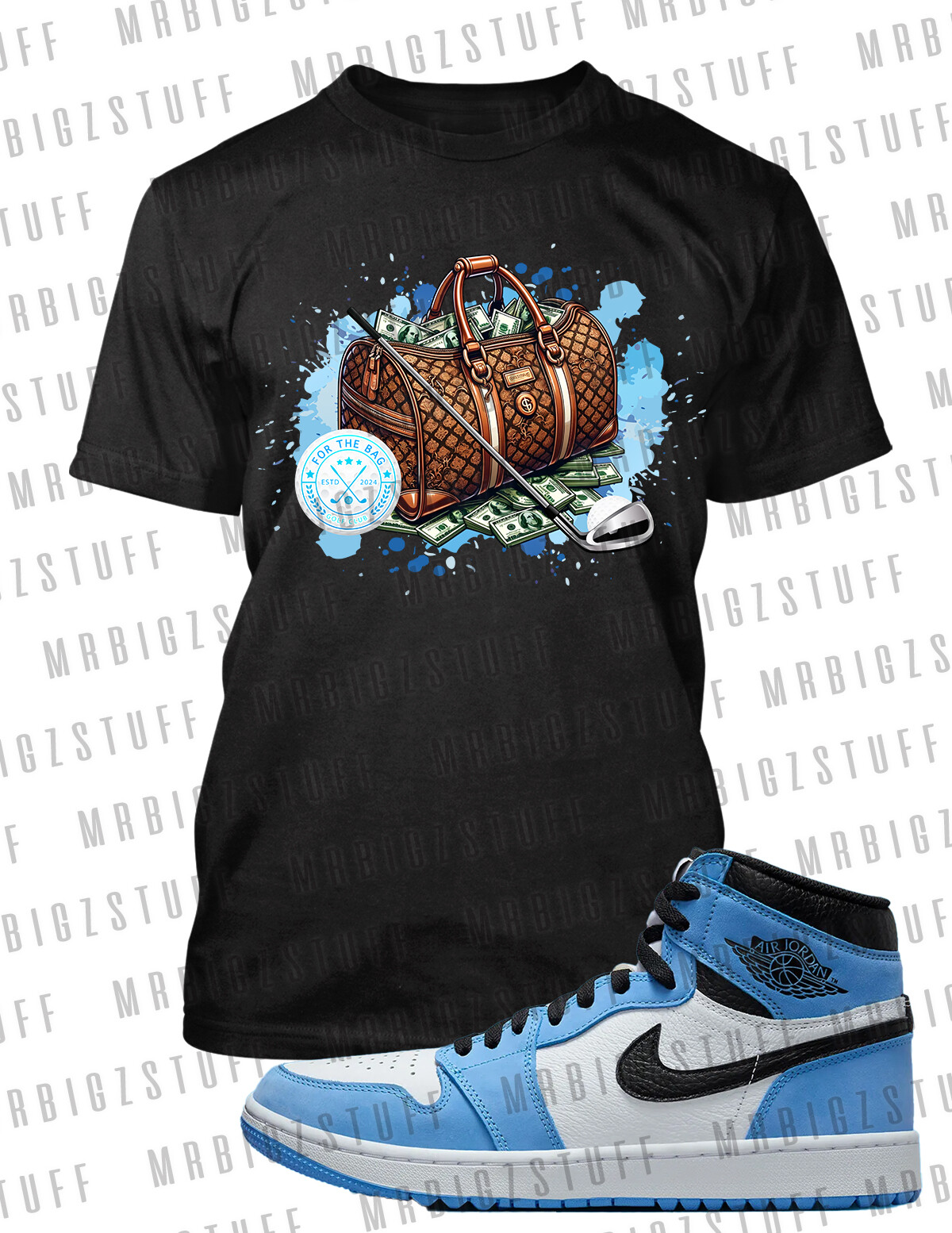 J1 Golf Money Bag Graphic Sneaker Tee to Complement Jordan 11 Legend Blue