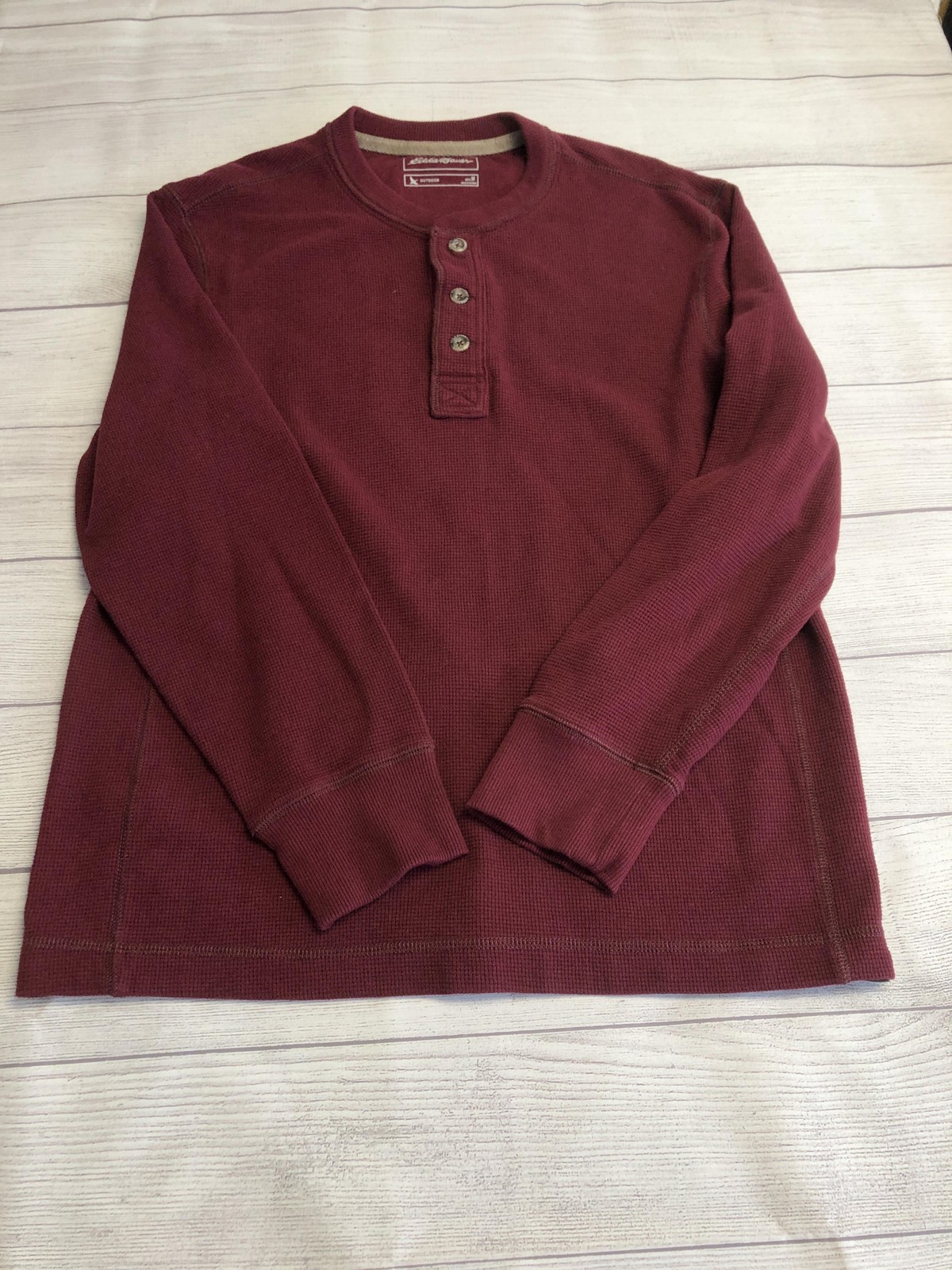 Eddie Bauer Henley Shirt Mens Medium Red Thermal Waffle Long Sleeve Tagless Tee