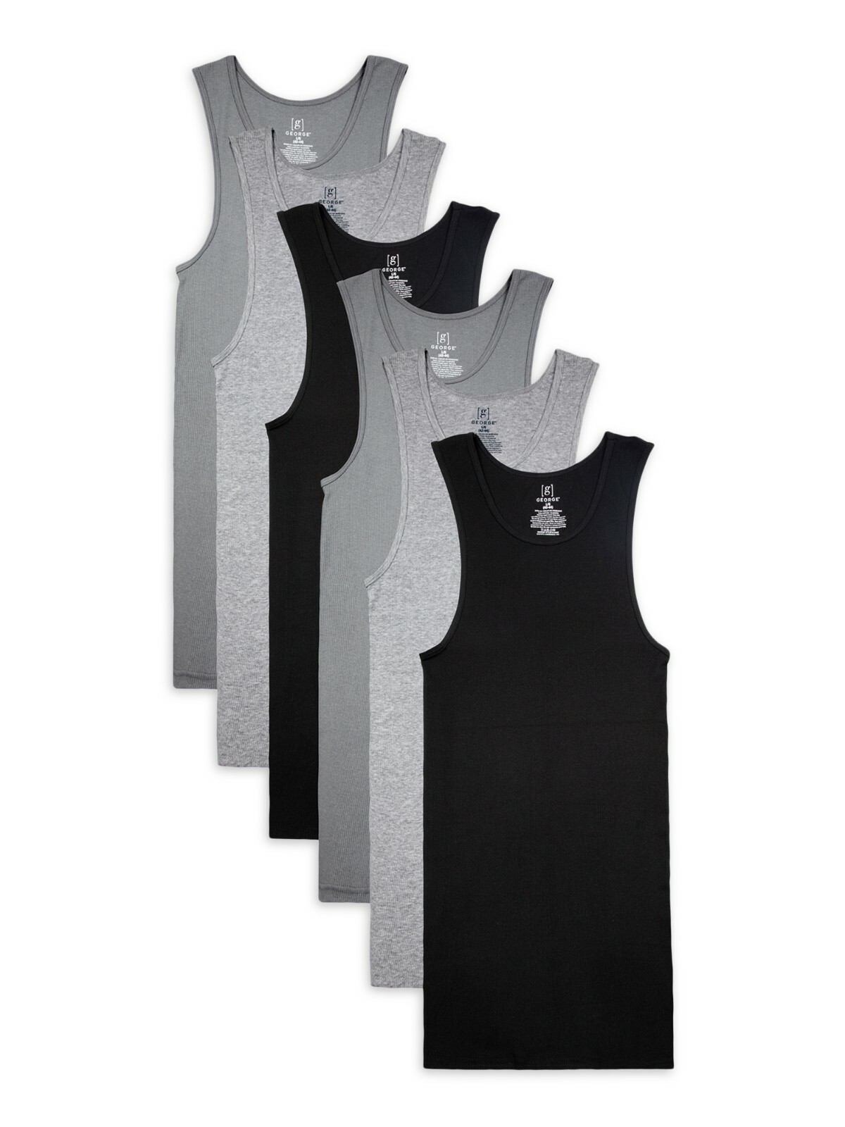 NEW! George Men’s Assorted A-Shirts, 6-Pack, Large, Black/Grey