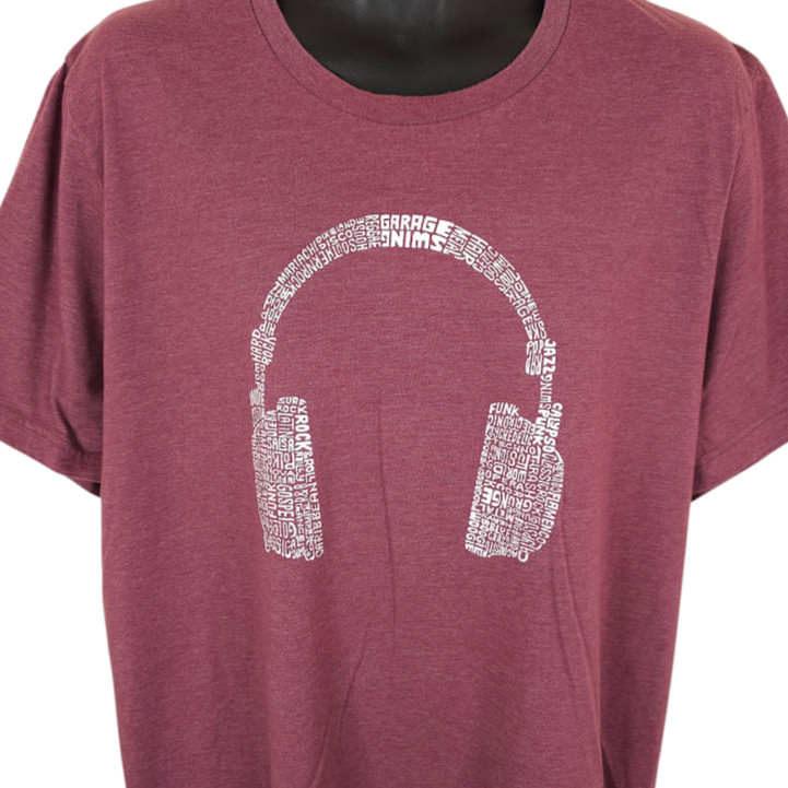 Music T Shirt Mens Size 2XL Red Headphones Musical Genre Word Art