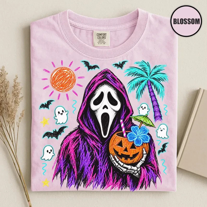 Spooky Ghost Mask Halloween Shirt Tropical Pumpkin Drink Tee Gildan Unisex