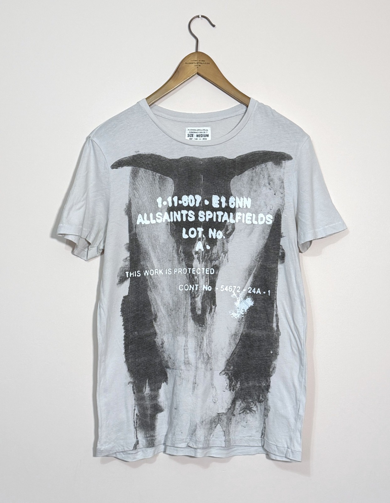 AllSaints Vintage Mens BLEEDING RAMSKULL Crew Neck T Shirt MEDIUM Grey Biker Tee