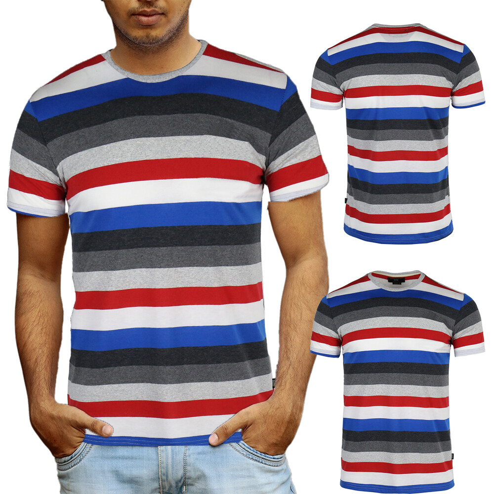 Men’s Classic Striped Short Sleeve Crew Neck Pocket Tee T-shirt Grey Red