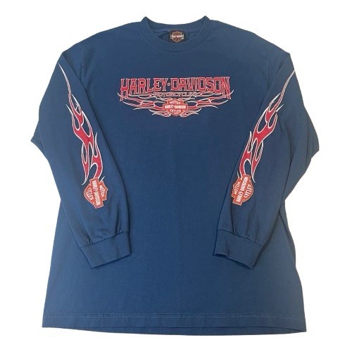 Harley Davidson Large Blue Long Sleeve Graphic T Shirt Kansas City Flames Clean