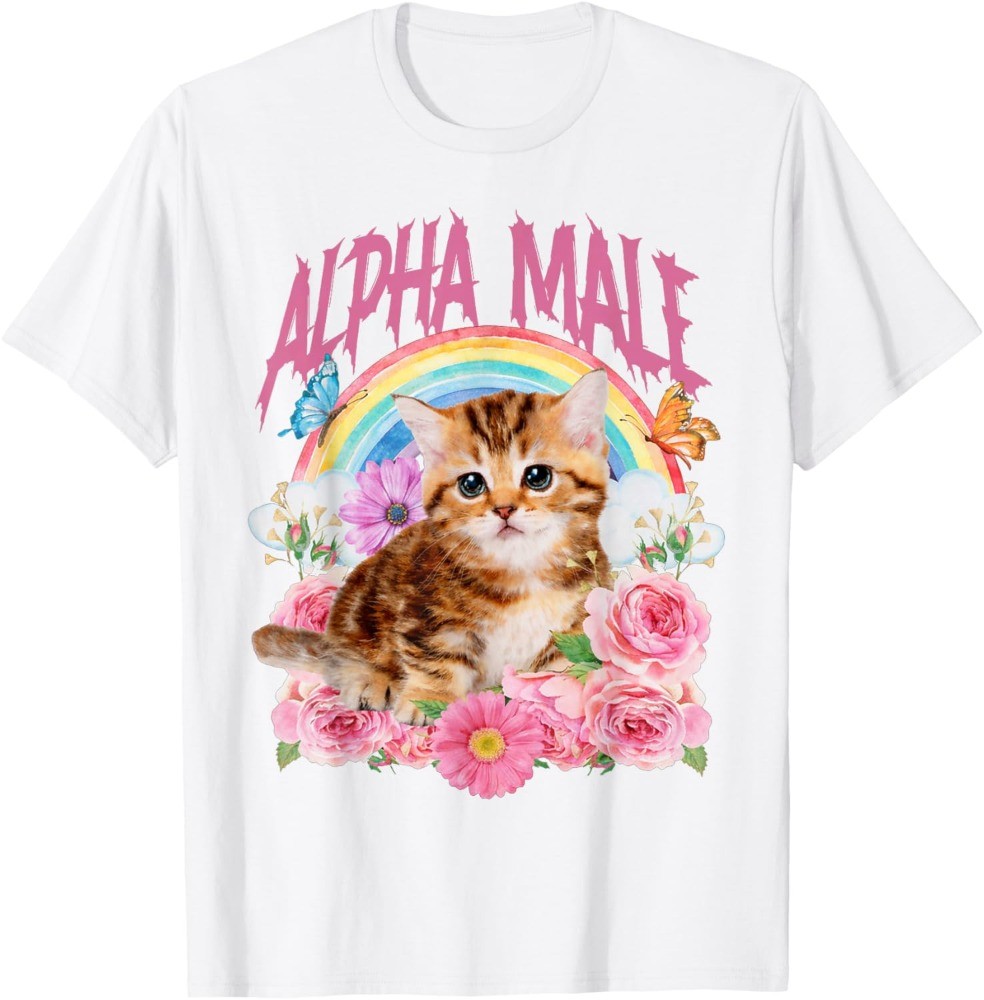 Alpha Male Funny Cat Kitten Rainbow Floral Unisex T-Shirt