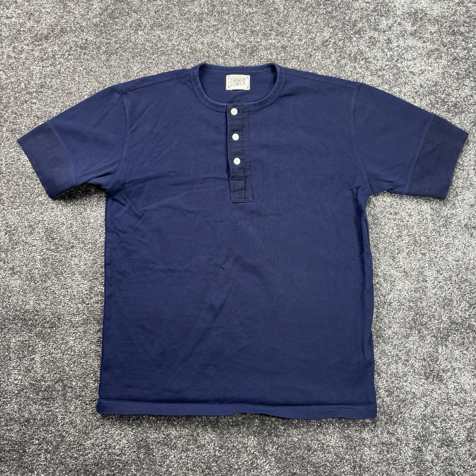 Vintage The Bronson Mfg Henley T-Shirt Mens XL Navy Blue Cotton Short Sleeve