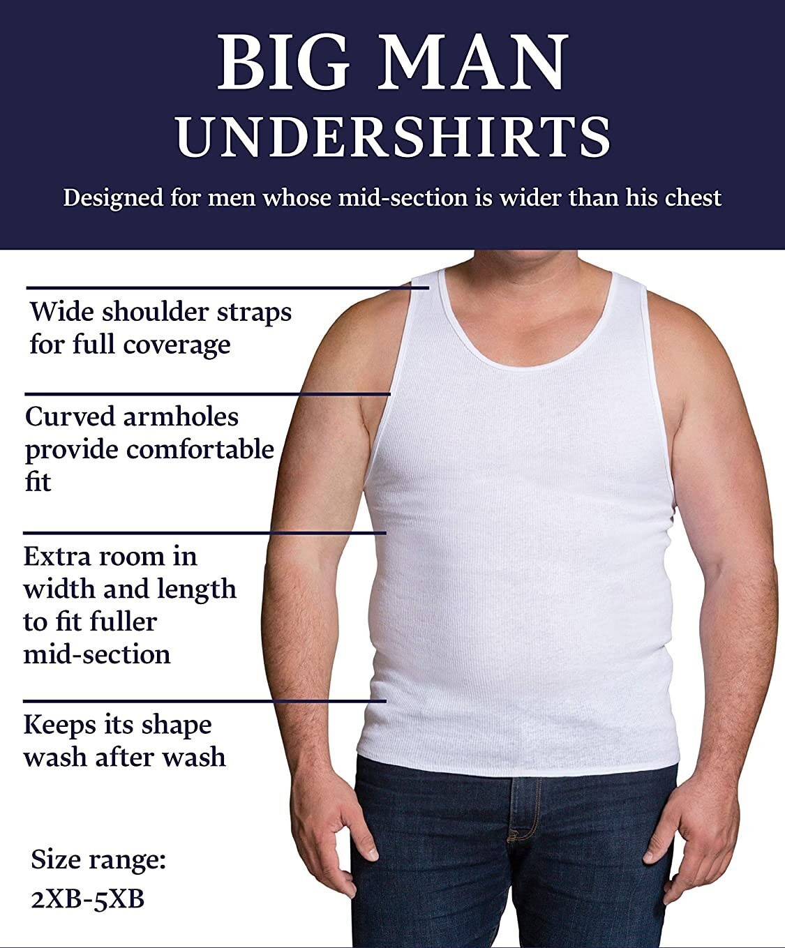 6 White Big Man 4XB 58-60 Inch A-Shirt Tanks Fruit Of The Loom 4EG 147-152 CM