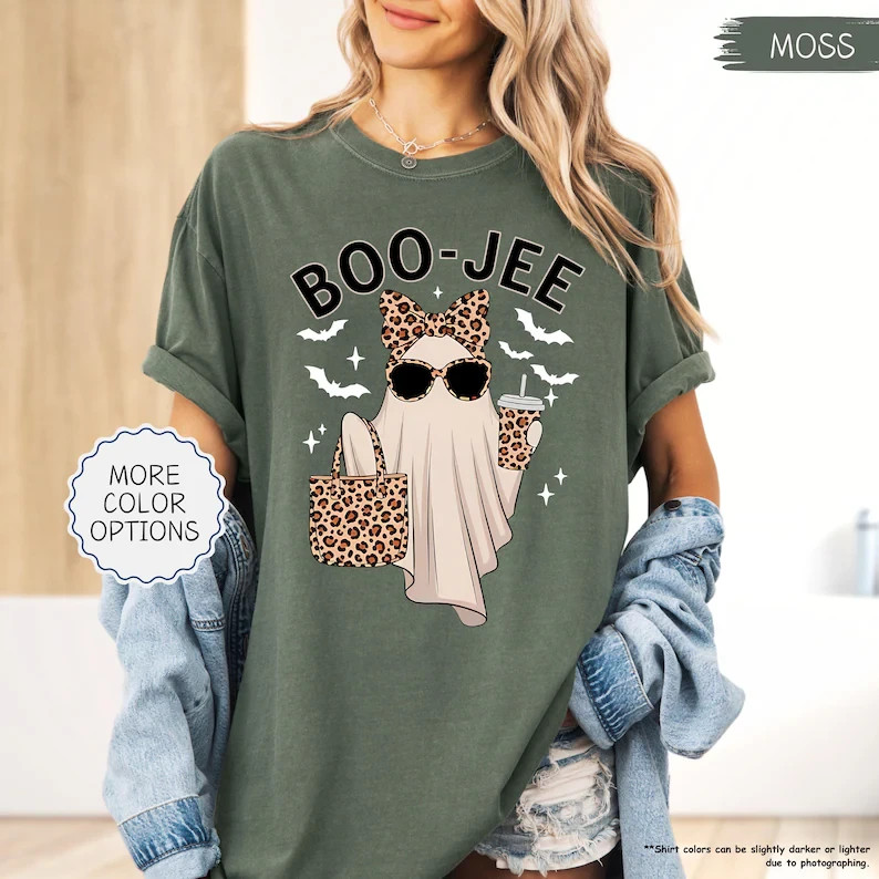 Funny Ghost Halloween Shirt Leopard Bow Coffee Graphic Tee Gildan Unisex Gift