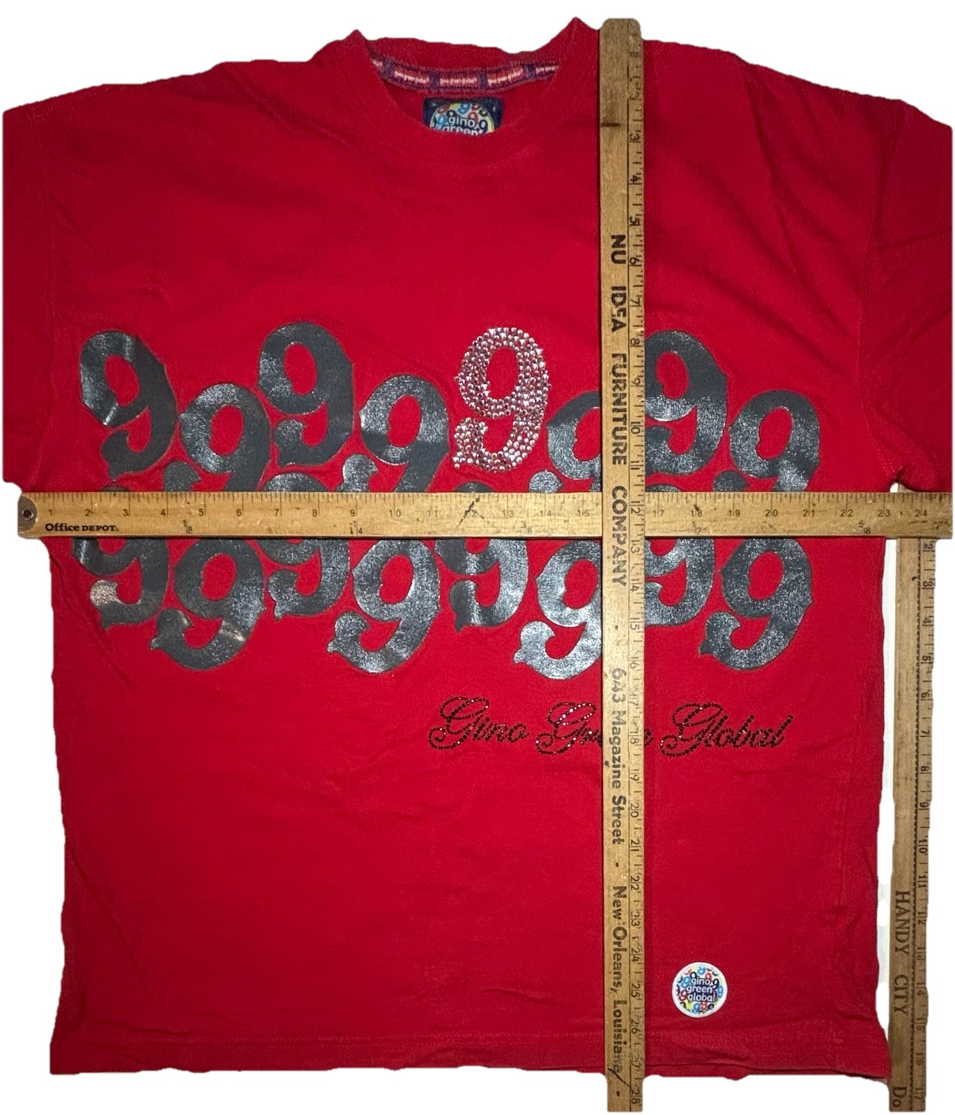 Vintage Y2K 999 Gino Green Global T Shirt Embellished Rhinestone Beaded Mens L