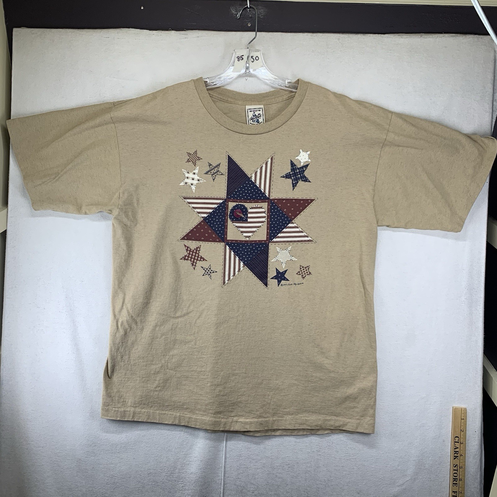 Vintage Single Stitch T Shirt XL Rustic American Quilt Patch Work Tan Cotton USA