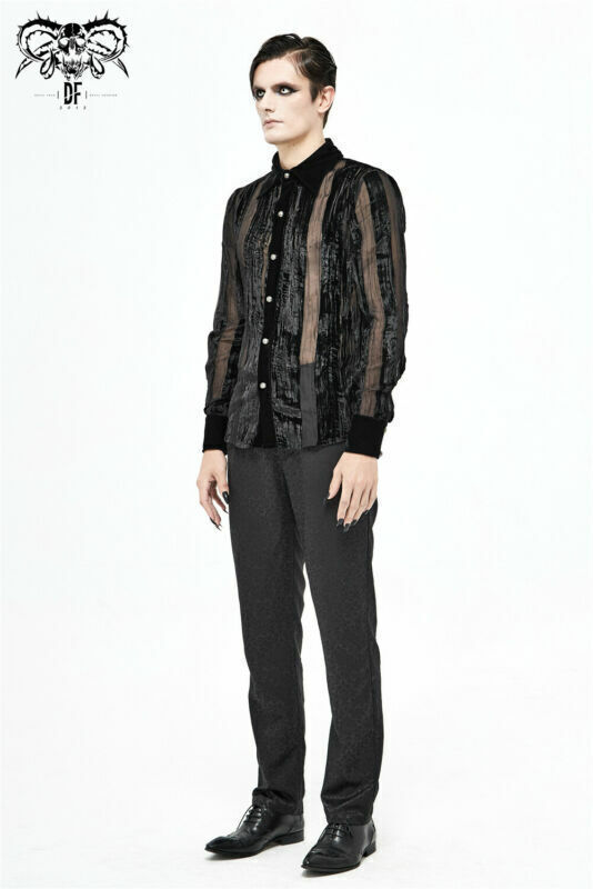 Gothic Punk Irregular Striped Velvet Pleated Tops Basic Style Slim Men Shirts