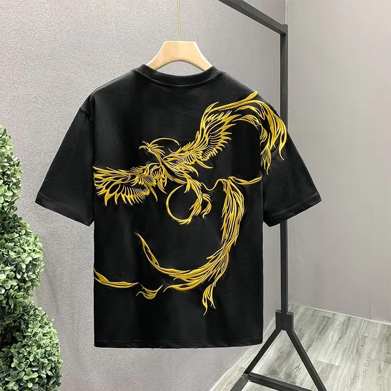 Men’s White Embroidery 100% Cotton O-Neck T-Shirt Korean Style Tee