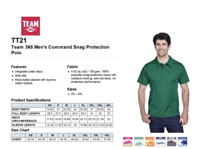 Team 365 Polos Mens Command Snag Protection Polo TT21 New With Tags Black LARGE