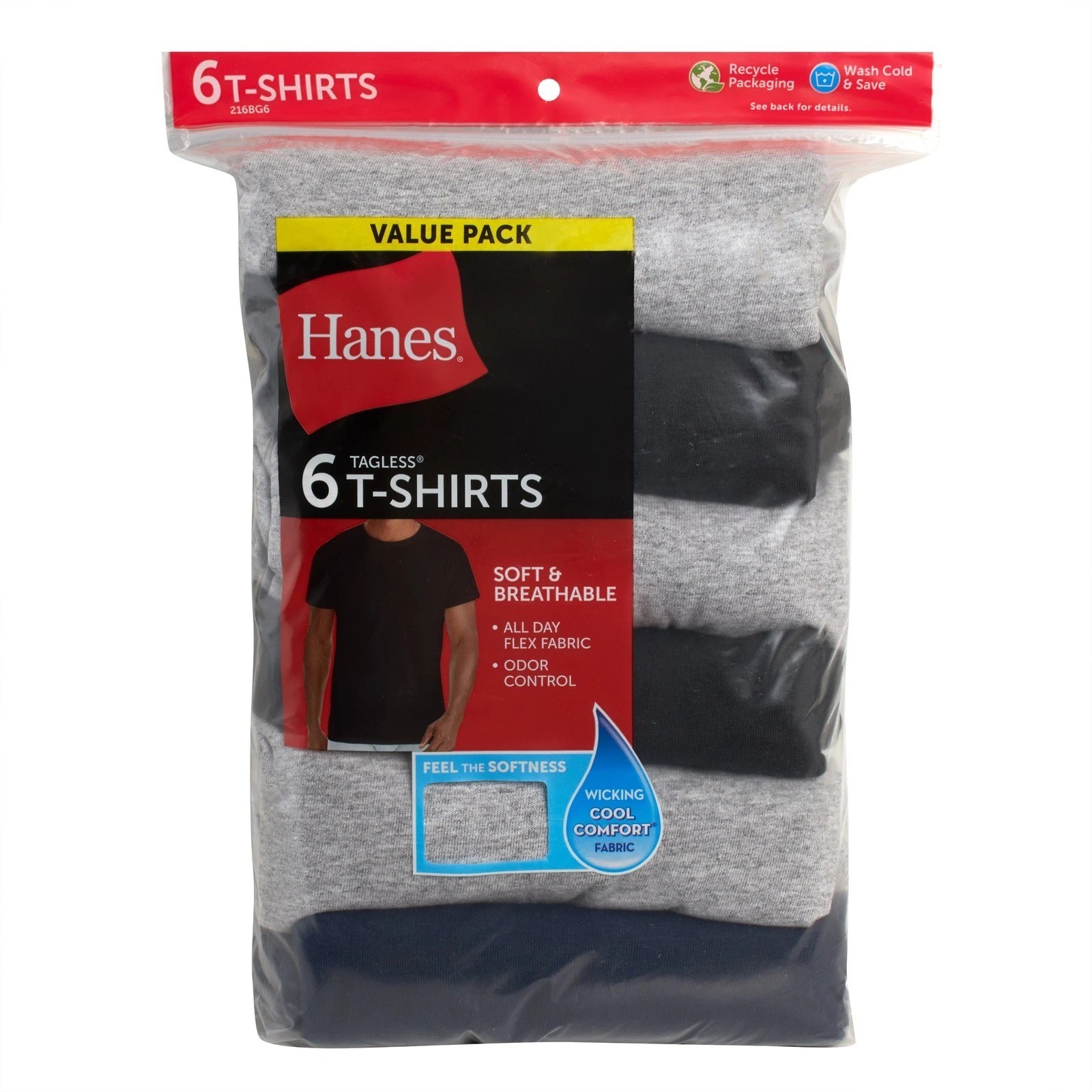 Hanes T-Shirt 6-Pack Men’s ComfortSoft TAGLESS Crewneck Short Sleeve Tee Value