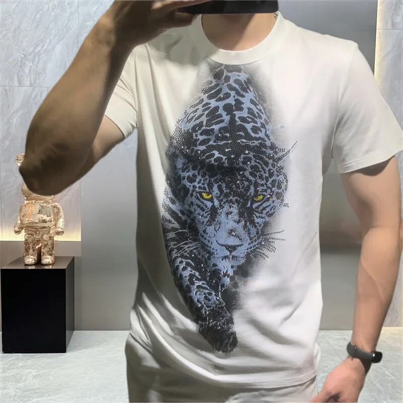New Men Luxury Leopard Rhinestones Fashion Black White T-Shirt High Quality