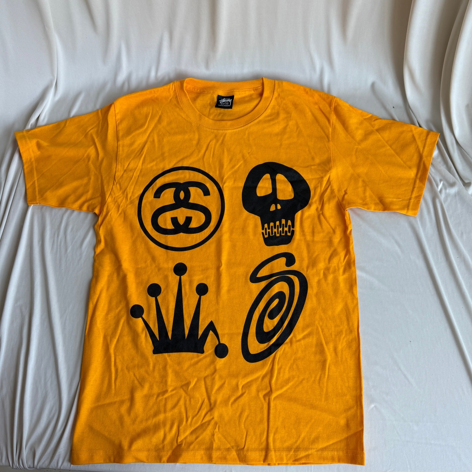 Stüssy “4-Icon” Multi-Icon Graphic Tee – Yellow/Gold Deadstock NWOT Mens M