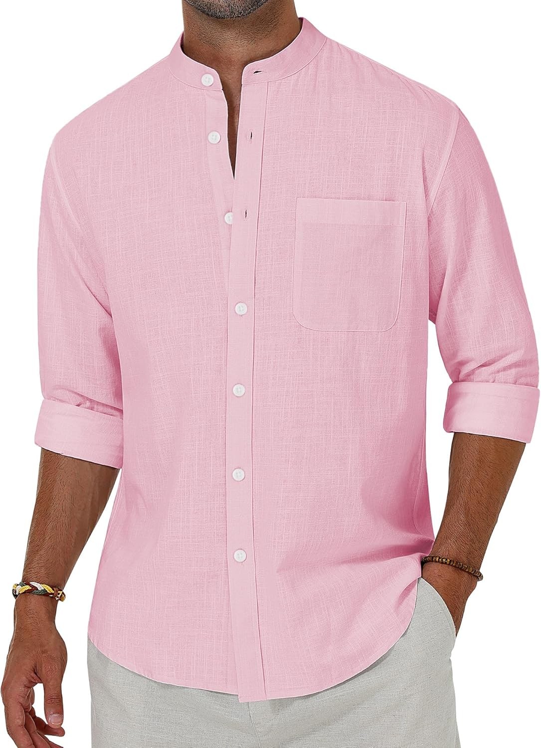 Men’s Linen Button Down Shirt Long Sleeve Band Collar Casual Beach Top