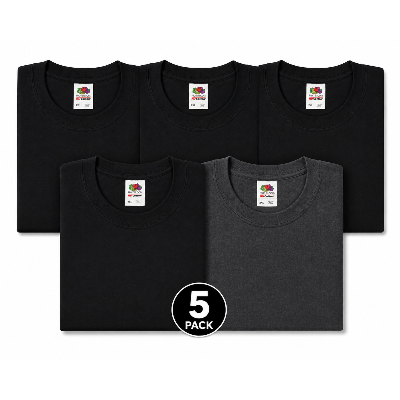 Fruit of the Loom 5-Pack Heavy Cotton HD T-Shirts Size 2XL – 4 Black & 1 Gray