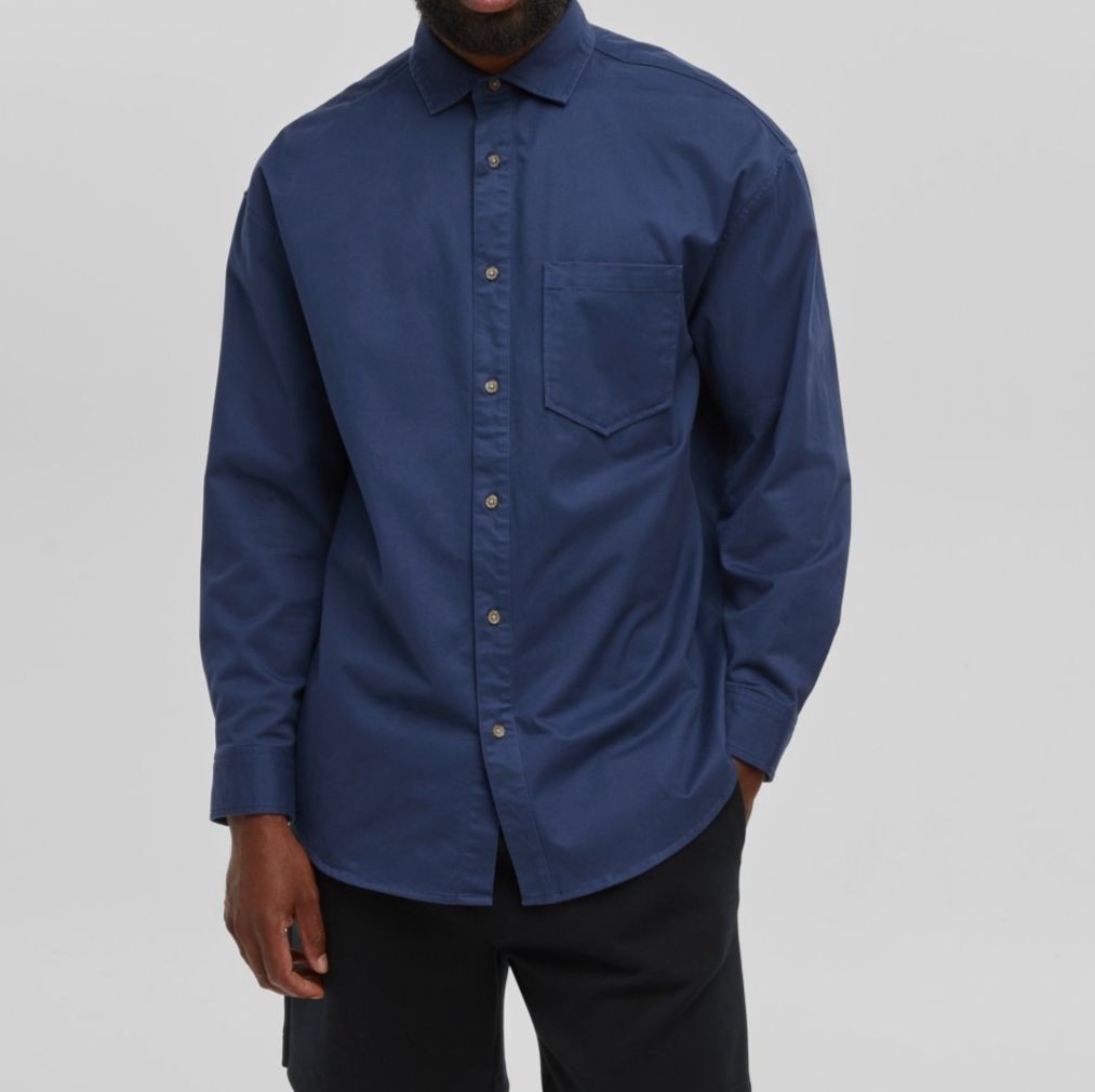 Mode Of One Men’s Blue Relaxed-Fit Button-Down Twill Shirt Size M
