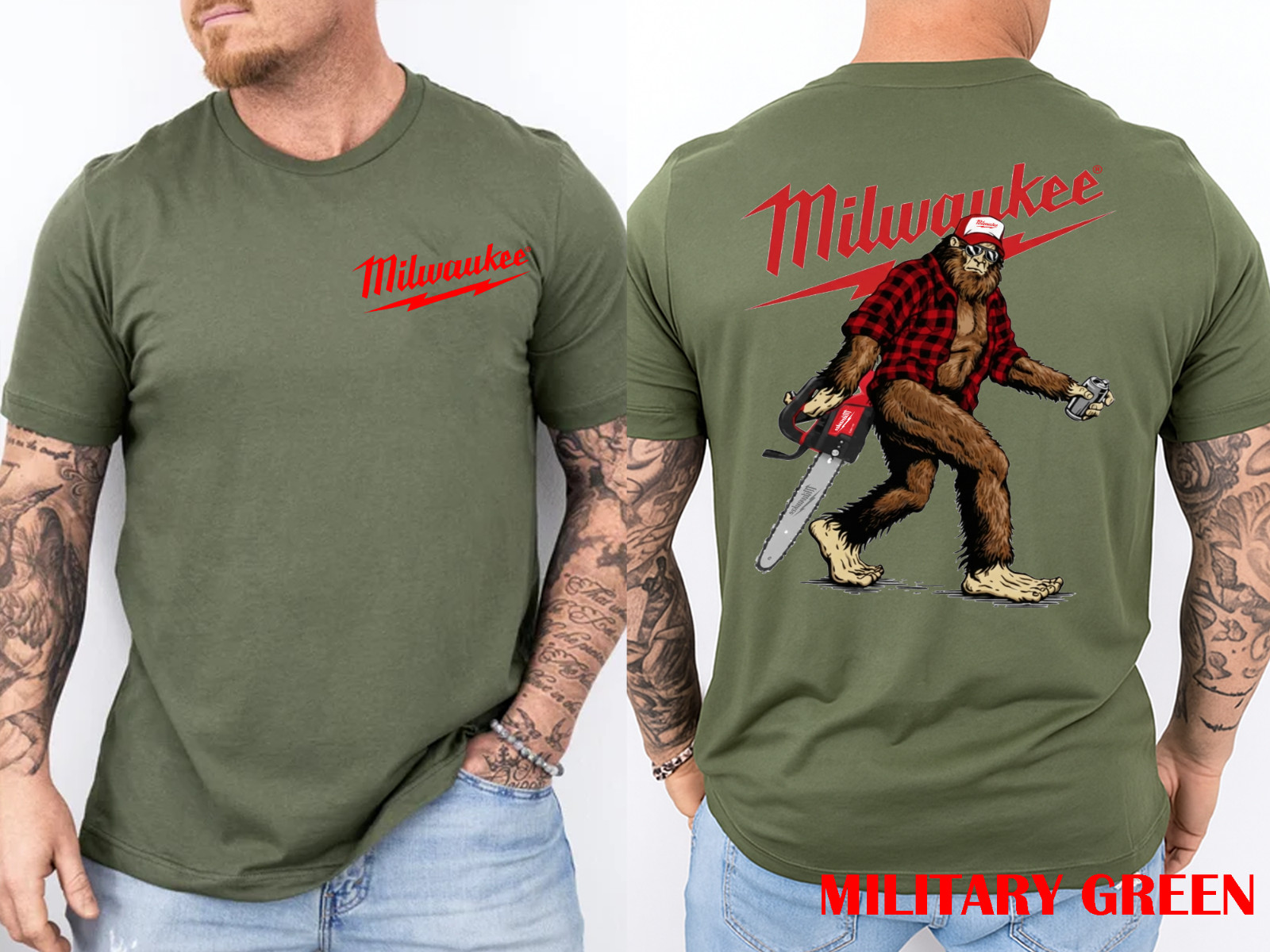 Bigfoot Milwaukee Power Tool Chainsaw Blue Collar Lumberjack 2 SIDE T-Shirt