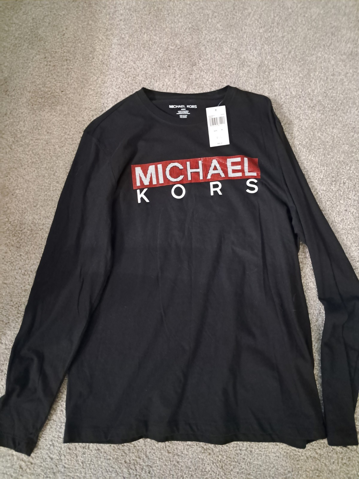 Michael Kors Men’s Black Long Sleeve Logo Graphic Crew Neck T-Shirt M Cotton
