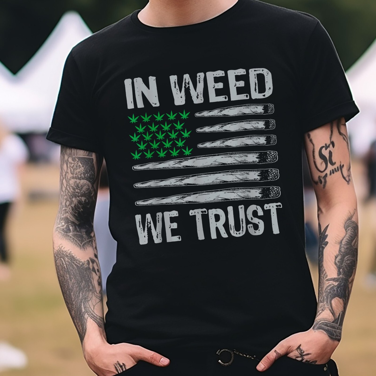 In Weed We Trust Cannabis American Flag T-Shirt Black S-3XL