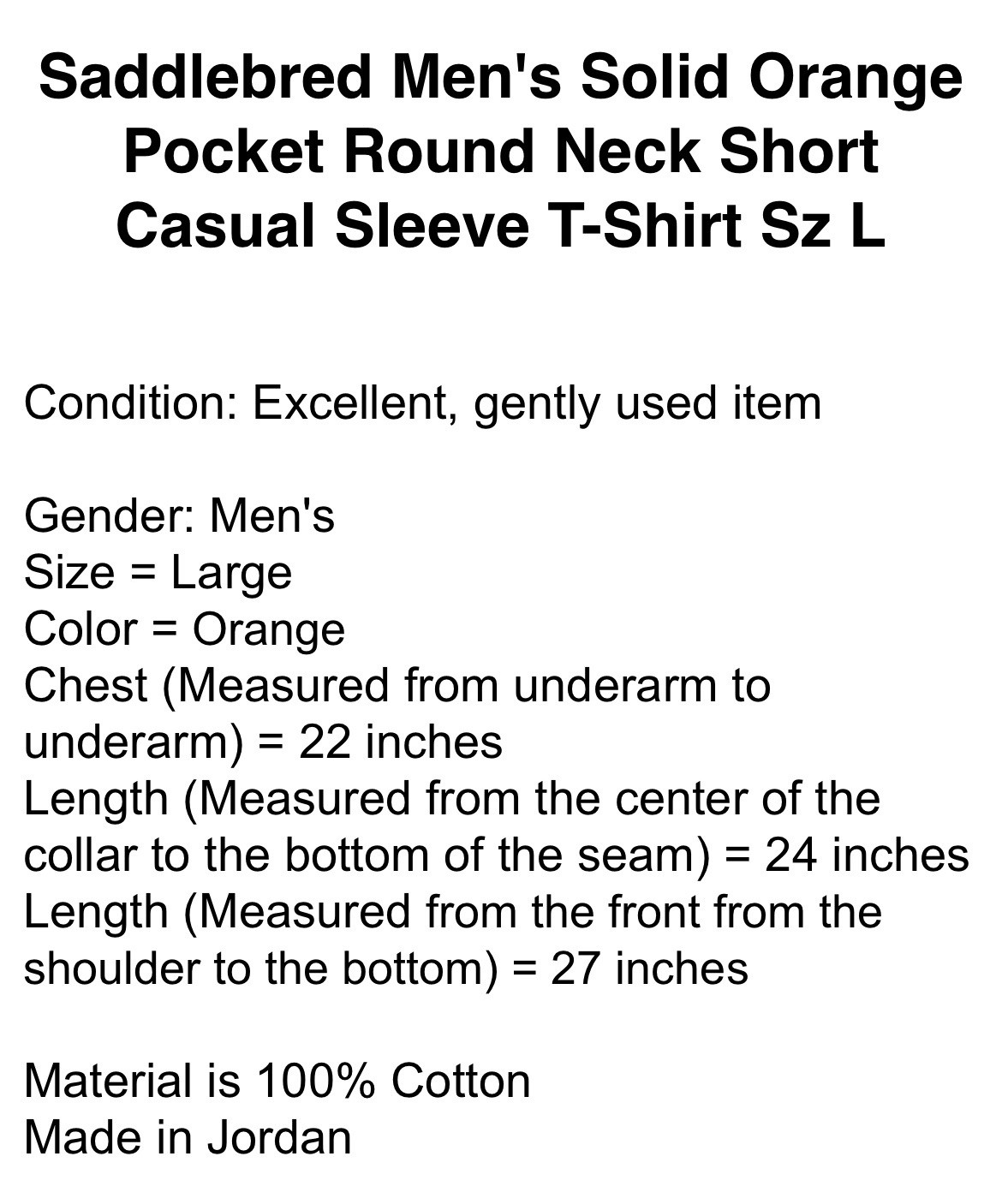 Saddlebred Men’s Solid Orange Pocket Round Neck Short Casual Sleeve T-Shirt Sz L