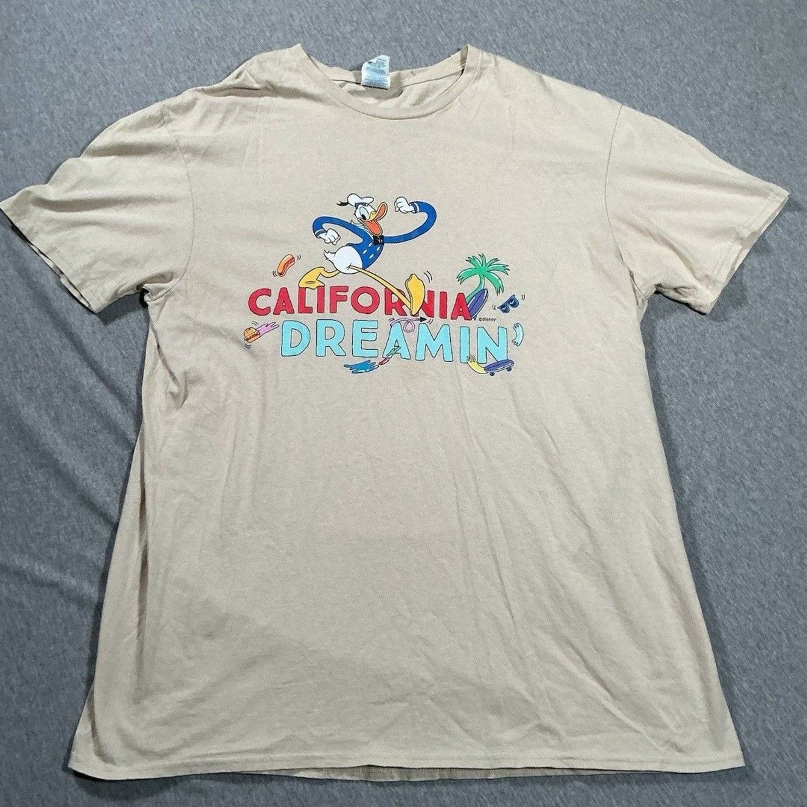 Disney California Dreamin Beige T-Shirt Donald Duck Delta Soft Mickey Goofy XL