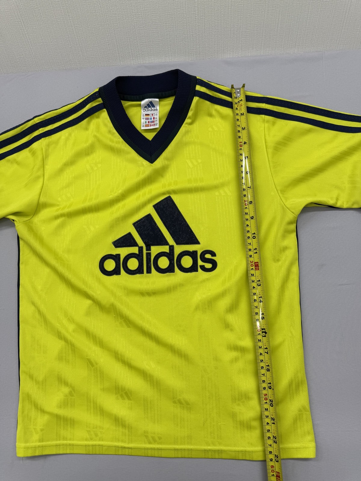 Adidas Yellow Stripe Soccer Jersey L Short Sleeve V Neck 3-Stripes Unisex