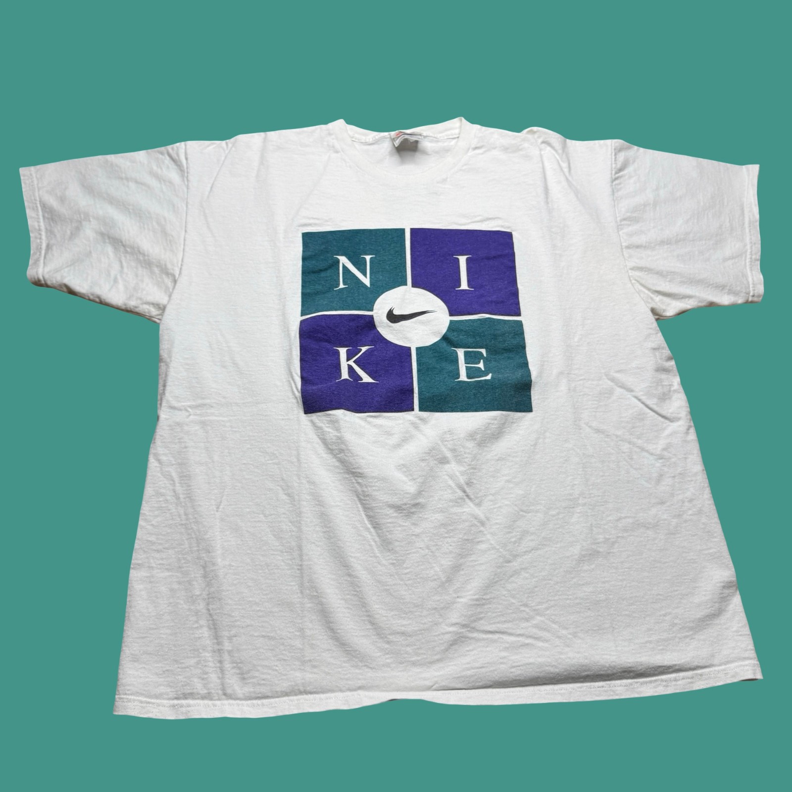 Vintage Nike T Shirt XL White Block Logo Graphic USA 90s Y2K Athletic Streetwear