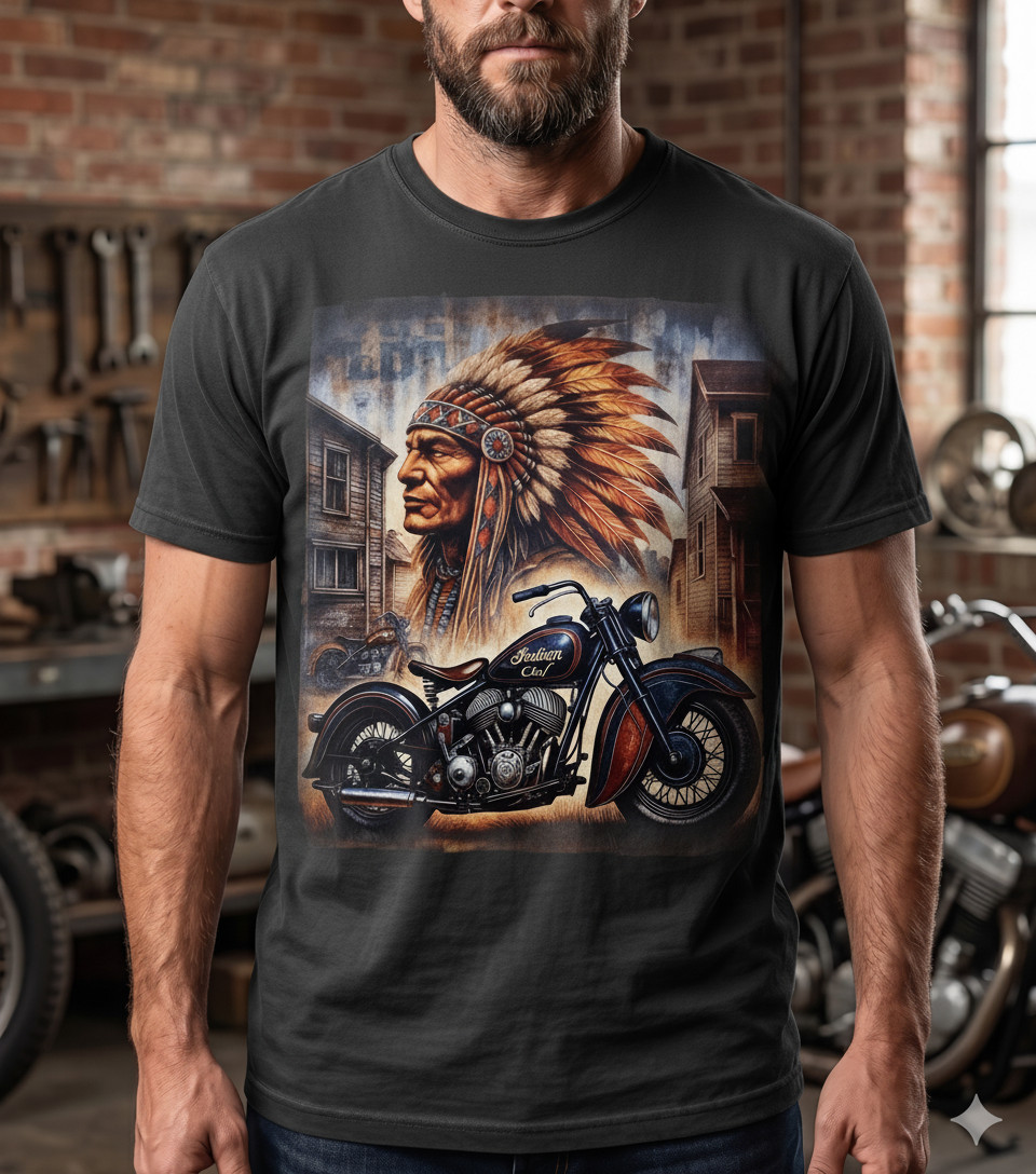 Vintage Indian Motorcycle T-Shirt Native American Chief Dark Blue Biker Tee