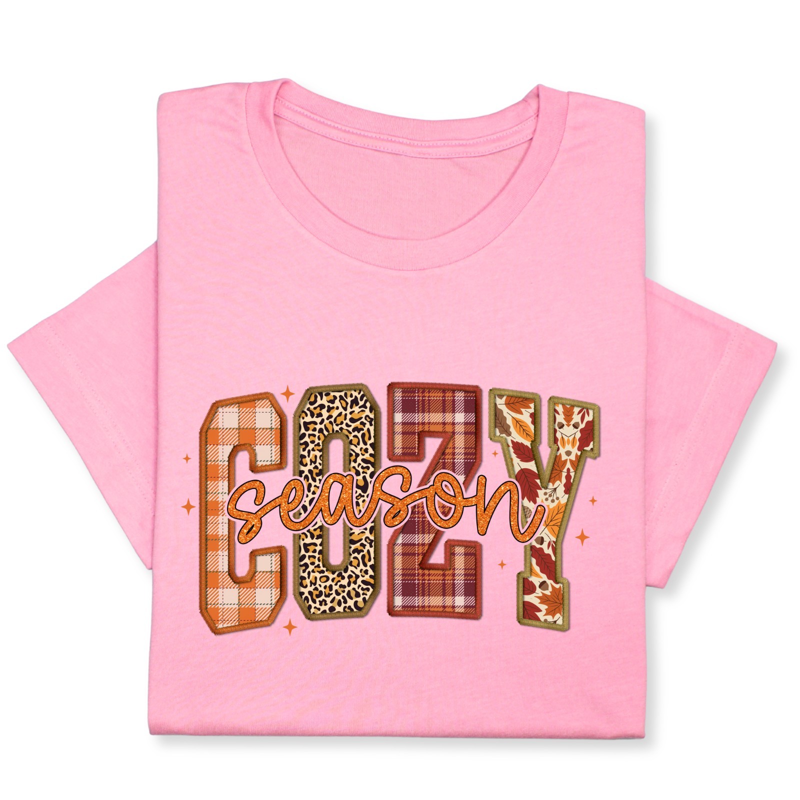 Cozy Season Fall T-Shirt – Autumn Plaid & Leopard Patchwork Tee