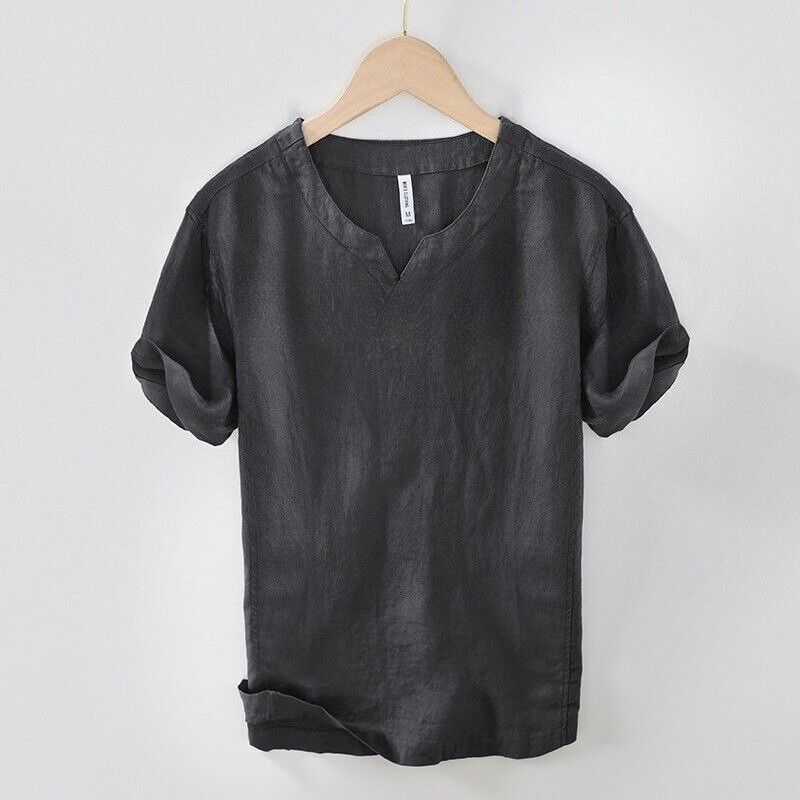 Men 100% Linen V Neck T-shirt Retro Summer Short Sleeves Tops Casual Undershirt