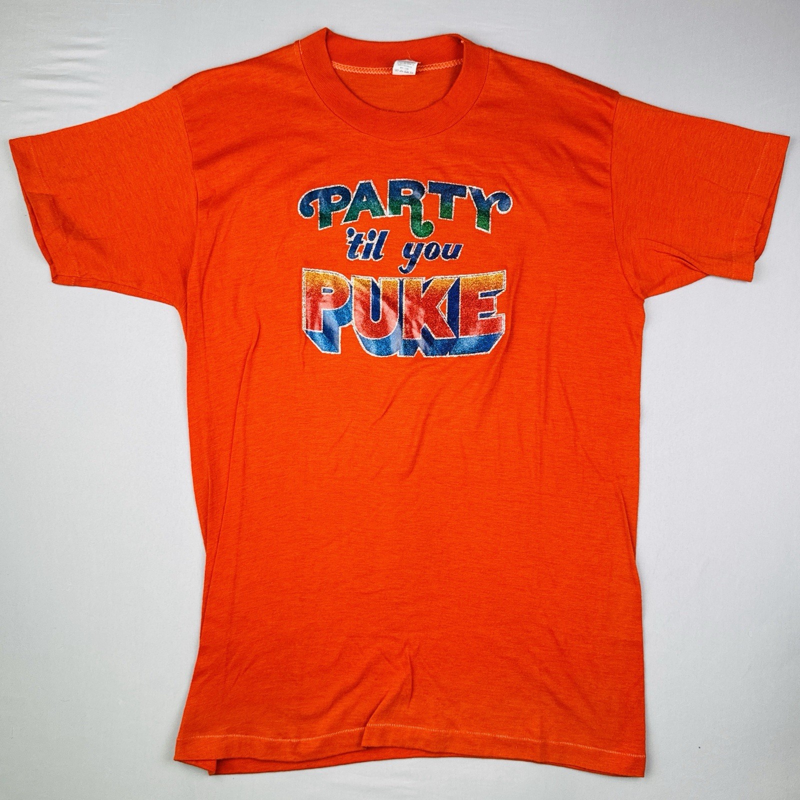 Vintage 70s Party Til You Puke Iron On T Shirt USA Made Single Stitch XL