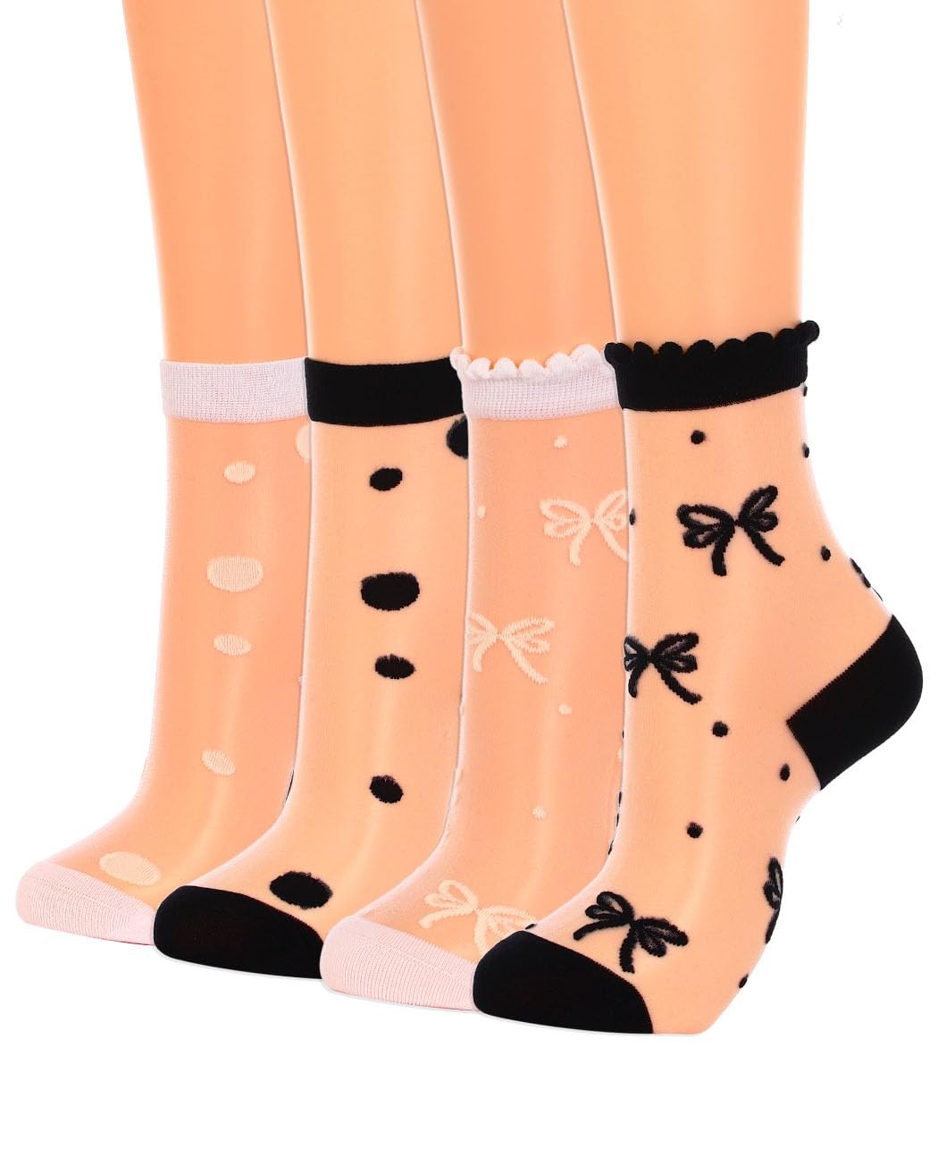 Womens Sheer Ankle Socks Polka Dot Bow Pattern 4 Pairs Black White