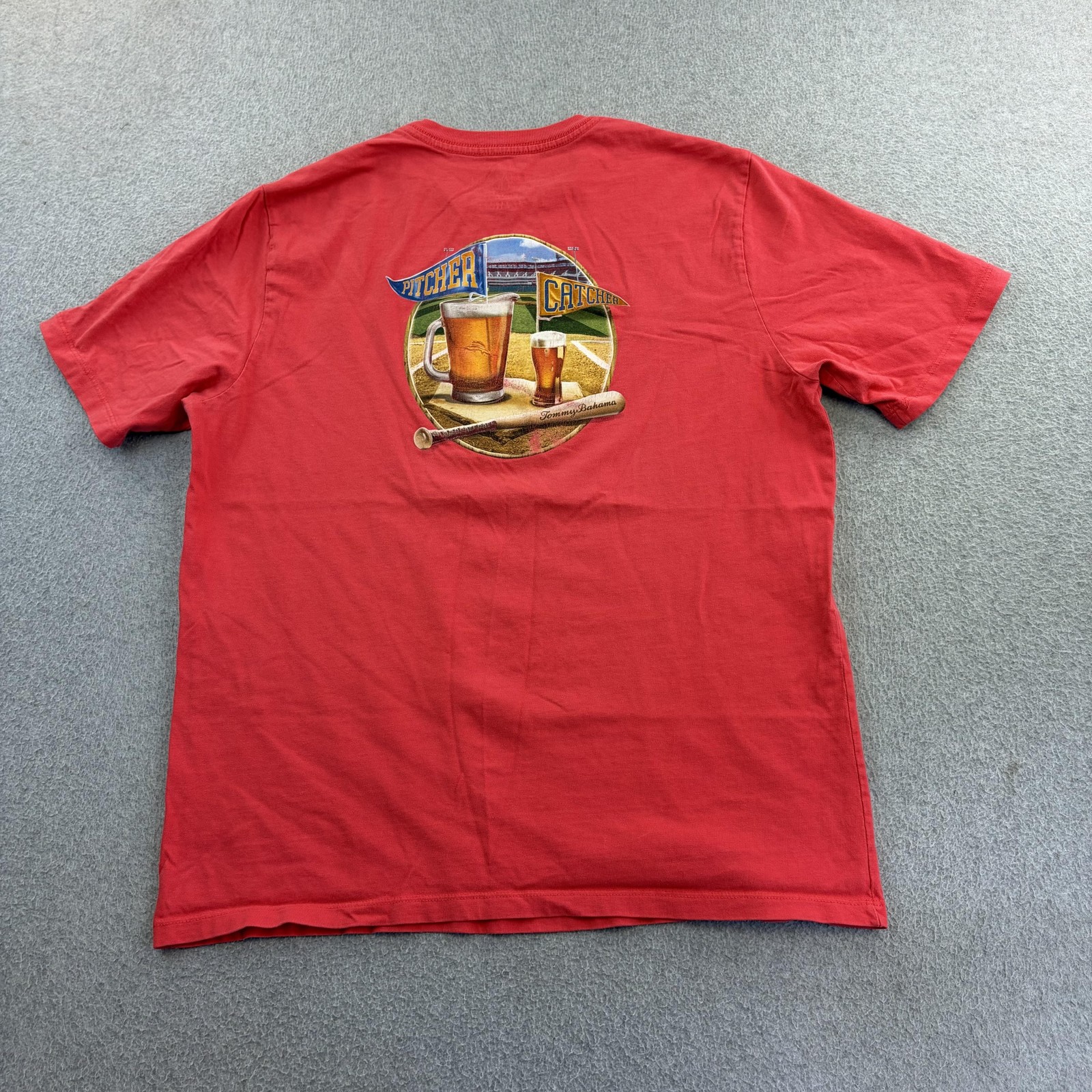 Tommy Bahama Shirt Mens Medium Red Pitcher Catcher Beer Baseball Tee Adult