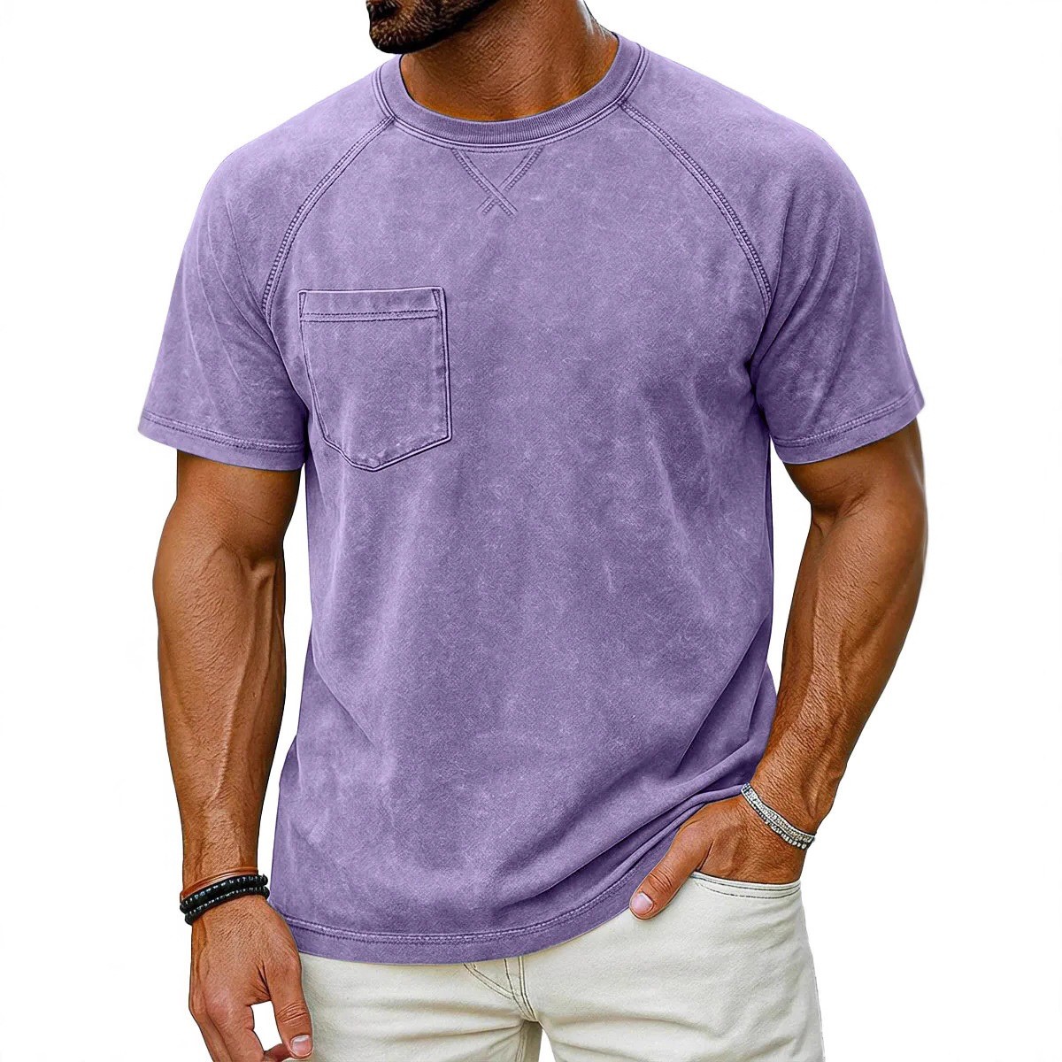 Men’s Vintage Washed Raglan Short Sleeve T-Shirt, Pocket Crew Neck Casual Tee