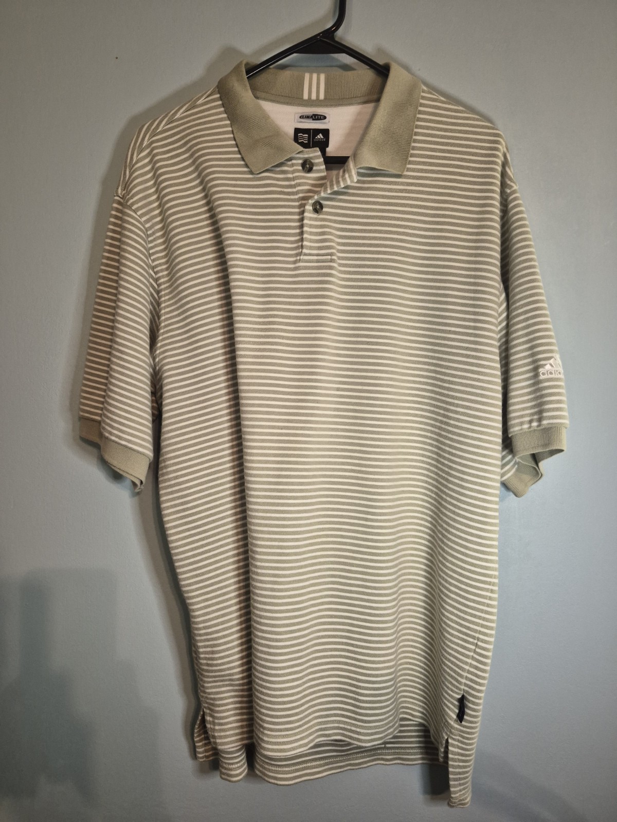 Adidas Polo Mens M Green Striped Short Sleeve Climalite Logo Regular Fit Golf